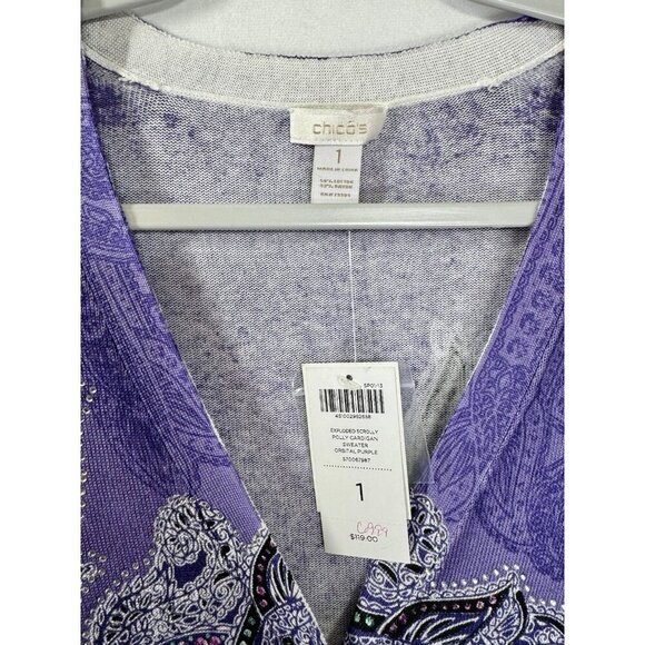 Chicos One Button Cardigan 1/Medium Purple Paisley Rhinestone V-Neck Sweater NEW - Picture 2 of 7